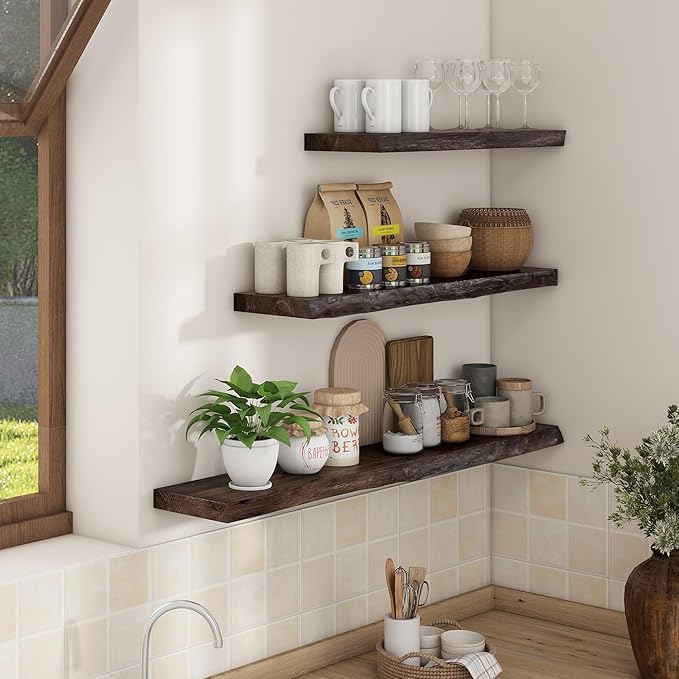 Axeman 24 inch Floating Shelves for Wall - 8'' D Live Edge Rustic Solid Elm Wood Floating Shelves Wall Mounted, Wall Shelves with Invisible Bracket for Living Room Bedroom Kitchen, Set of 2 Walnut