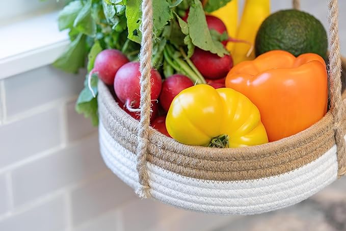 CEDAR+PINE 3-Tier Lined Hanging Fruit Basket Natural Woven Cotton with Strong Jute Rope Hanger in Gift Box Modern Hanging Basket for Kitchen
