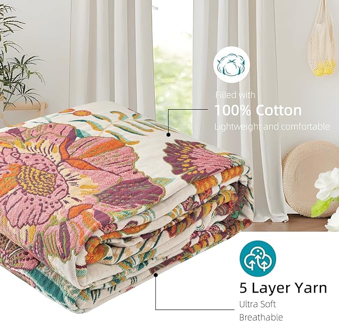 Boho Throw Blanket for Bed - 100% Pure Cotton Ultra Soft Rustic Quilt - Farmhouse Decor Bed Blankets, All Season Rustic Throw for Sofa Couch Chair(91''x 98'', Floral Blossom)
