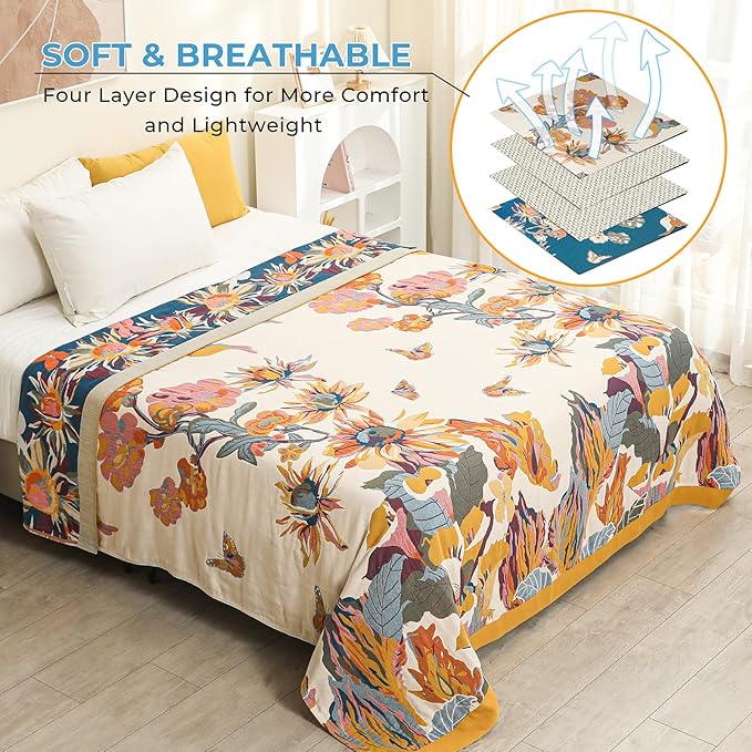 Boho Large Throw Blanket 90" x 98",100% Cotton Soft Sofa Bed Throw-Floral Butterfly Decor Blanket Reversible Bohemian Luxury Throw for Couch Sofa Chair Travel