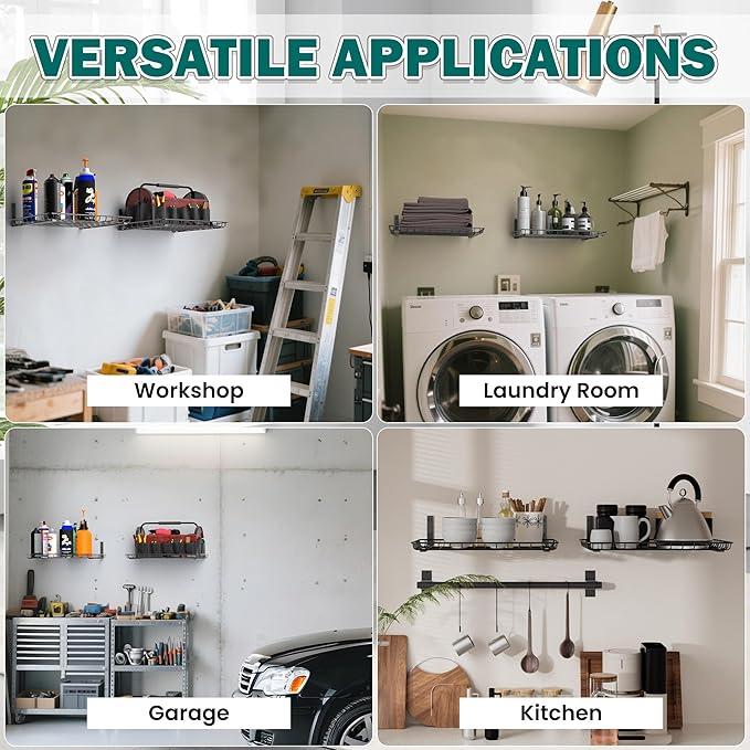 EVERHANGER Garage Wall Shelves 12x18 Inch, Wall Mounted Storage Shelf, Metal Shelf Rack, Heavy-Duty Shelf Organizer 2 Pack, Black