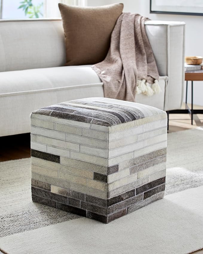 Mark&Day Pouf Ottoman, Grobrubbach Hide Leather and Fur Cream Cube Pouf Foot Rest for Living Room, Bedroom and Boho Home Decor (18"x18"x18")