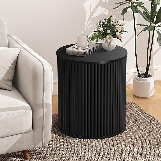 AVZEAR Fluted Round Side Table with Storage, Small Mid Century End Table Fluted Nightstands, Modern Circle Bedside Tables Wood Night Stand for Small Spaces, Living Room, Bedroom (Black)