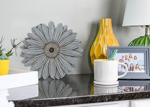 NAT & Jules Gerbera Daisy Flower Shaped Dimensional Indoor Outdoor 12 inch Cast Resin Decorative Garden Stepping Stone, Patio, Walkway Sculpture Yard Art, Stone Grey