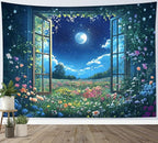 LB Wildflower Moon Tapestry, Window Forest Plant Green Leaf and Garden Colorful Floral Wall Tapestry for Bedroom, Night Sky Wall Art for Living Room Dorm Home Decor Ready to Hanging, 60 x 40 Inches