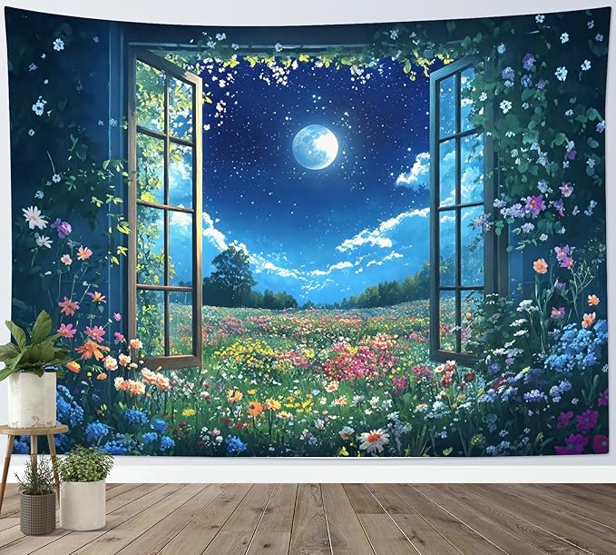 LB Wildflower Moon Tapestry, Green Plant Outside Window and Colorful Floral Wall Tapestry for Bedroom, Garden Wall Art for Living Room Dorm Home Decor Ready to Hanging, 92.5 x 70.9 Inches