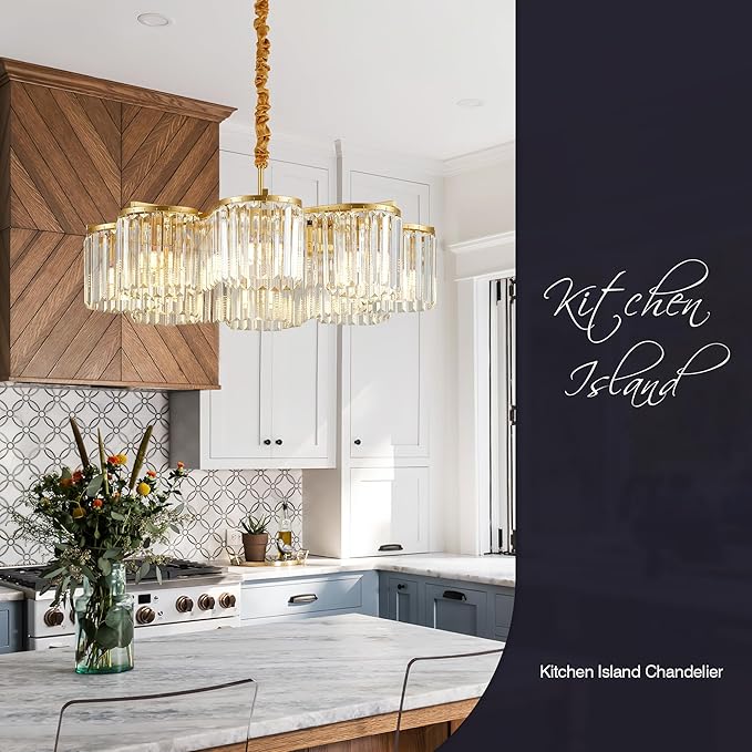 30.3“ Gold Semi Flush Mount Ceiling Light Fixtures, 8-Light Gold Modern Crystal Chandelier Height Adjustable Pendant Lighting for Bedroom Entryway Hallway Kitchen Island Living Room Foyer