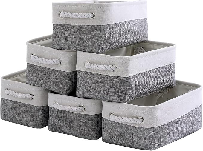 TheWarmHome Small Storage Baskets for Organizing,Storage Baskets for Shelves,Small Fabric Storage Bins W/Handles For Closet Nursery Toy Decorative Foldable (White&Grey, 11.8L*7.9W*5.2H-6 Pack)