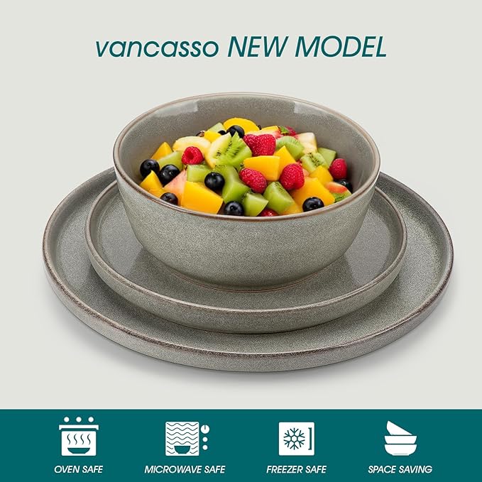 vancasso ANYA 18 Pieces Plates and Bowls Set, Stone Grey Dinnerware Sets, Reactive Glaze Dishes Set for 6, Ceramic Dishware Sets Kitchen Dinner Set, Microwave & Dishwasher Safe