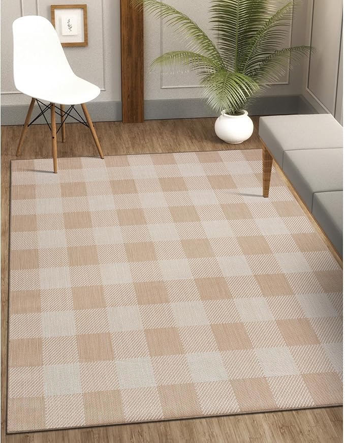 CAMILSON Outdoor Rug - Modern Area Rugs for Indoor and Outdoor Patios, Kitchen and Hallway mats - Easy Cleaning Non Shedding Washable Outside Carpet (8x10, Buffalo - Beige/White)
