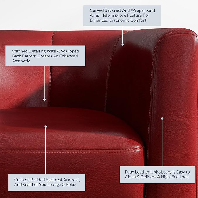 BELLEZE Accent Barrel Chair, Linen Round Chair Club Tub Sofa Corner Chair with Flared Legs and Cozy Soft Padding for Living Room Bedroom Waiting Room - Red