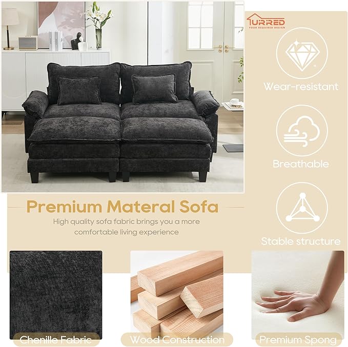 URRED Modular Sectional Sofa Comfy Cloud Couch, Modern Chenille Sofa Sleeper Deep Seat Couches with Ottoman/Pillows for Living Room (Black, 82.6''- 2 Ottomans)
