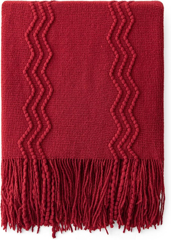 MIULEE Burgundy Red Knitted Throw Blanket for Couch Boho Textured Cozy Woven Blanket with Tassels for Sofa Chair Bed Living Room Acrylic Wave Pattern 50"x60"