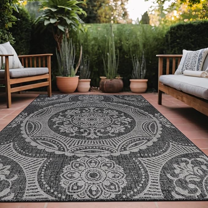 Medallion Outdoor Rug 9x12 Washable Outside Carpet for Indoor Patio Porch Waterproof Easy Cleaning Non Shedding Area Rugs Dark Gray 9 x 12
