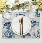 Coastal Beach Placemats Set of 4 Nautical Theme Coral Sea Turtle Navy Blue Place Mat 12x18 Inch Seasonal Summer Ocean Washable Linen Fabric Table Mats for Party Kitchen Dining Decoration