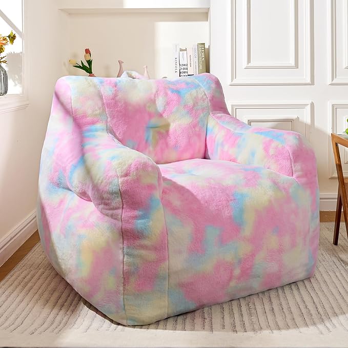 Recaceik Large Plush Bean Bag Chairs, Memory Foam Bean Bag Chair for Adults & Kids with Armrests, Comfy BeanBag Lounge Lazy Floor Sofa Accent Chair for Living Room, Bedroom, Dorm, Colorful Rainbow