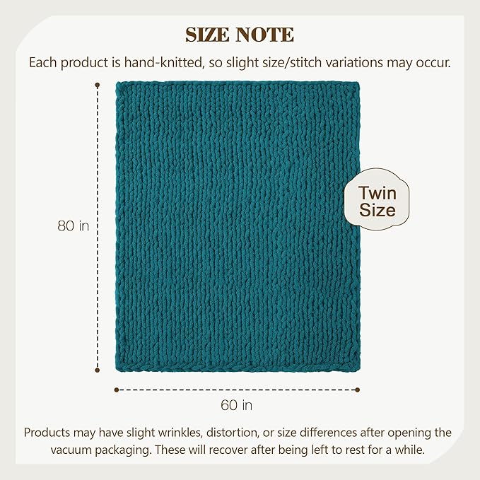 Carriediosa Chunky Knit Throw Blanket 60" X 80" Twin, 100% Hand Made Large Chenille Loop Yarn Soft Fluffy Throws for Couch Sofa Bed, Big Crochet Cozy Heavy Thick Cable Woven Blankets, Teal