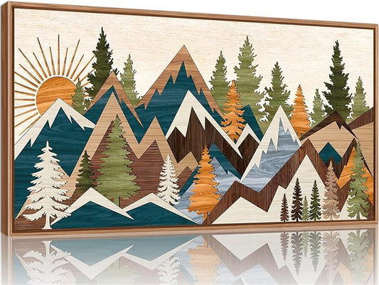 Tinonedraw Large Metal Mountain Framed Canvas Wall Art, Boho Rustic Sunrise Forest Wall Decor, 3 Piece Vintage Nature Artwork, Modern Wilderness Art Print for Living Room Bedroom Office 20"x40"