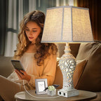 32" Tall Table Lamps Set of 2 - Bedside Lamp with Fabric Shades - for Bedroom and Living Room with USB and Nightlight - Perfect for Nightstands and Bedrooms - Bulbs Included