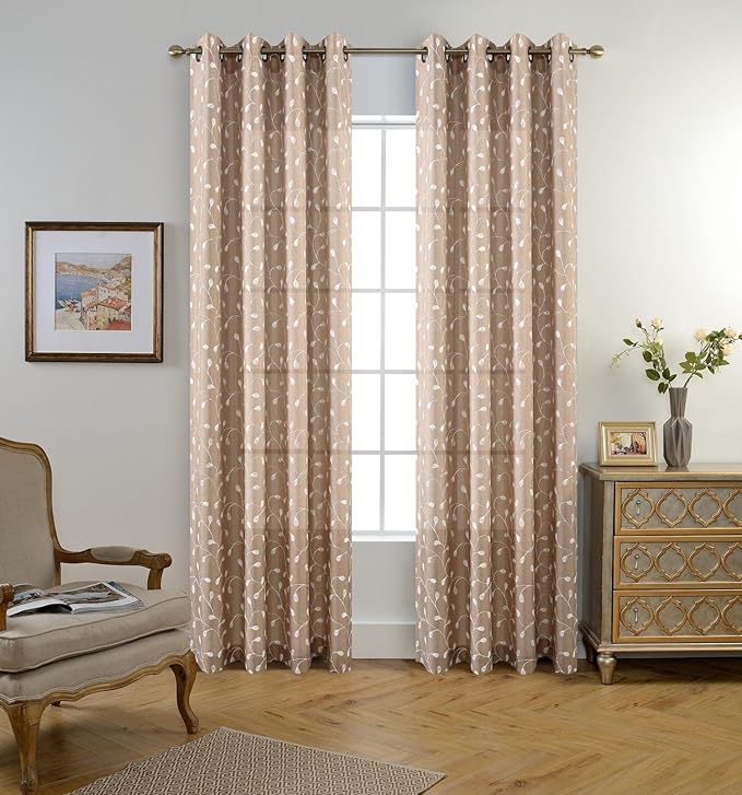 MIUCO Floral Embroidered Semi Sheer Curtains Faux Linen Grommet Curtains for Living Room 52 x 84 Inch 2 Panels Set, Taupe
