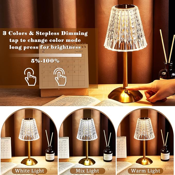 Liliful 4 Pcs LED Portable Cordless Table Lamp Touch Battery Operated Rechargeable Desk Lamp 3 Color Dimmable for Bedroom Living Room Dining (Classic Style,Gold)