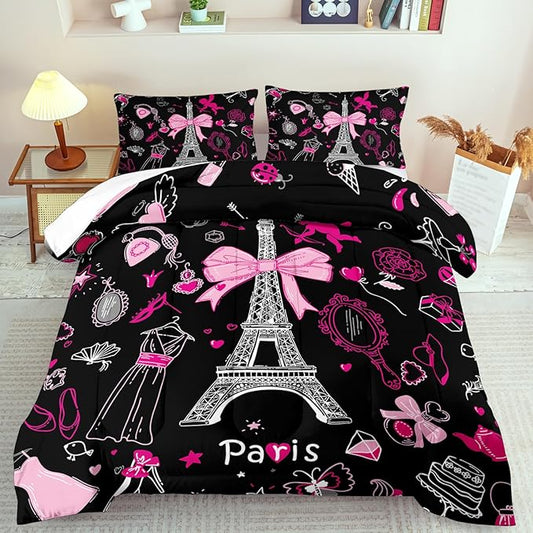 Eiffel Tower Comforter Set Full Size,Eiffel Tower Bedding Set for Girls, Pink and Black Paris Themed Comforter Bedroom Decor,Paris Quilt French Style Romantic Bedding