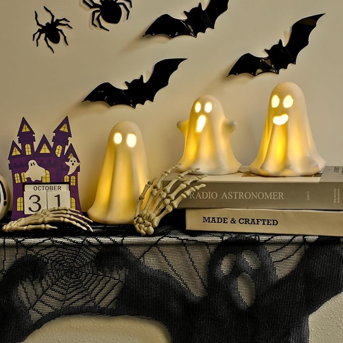 3 Pack Halloween Ceramic Ghost Decor, Light Up Ghost Halloween Decor, Cute Ghost Figurines for Table Tray Fireplace Home Indoor Decoration