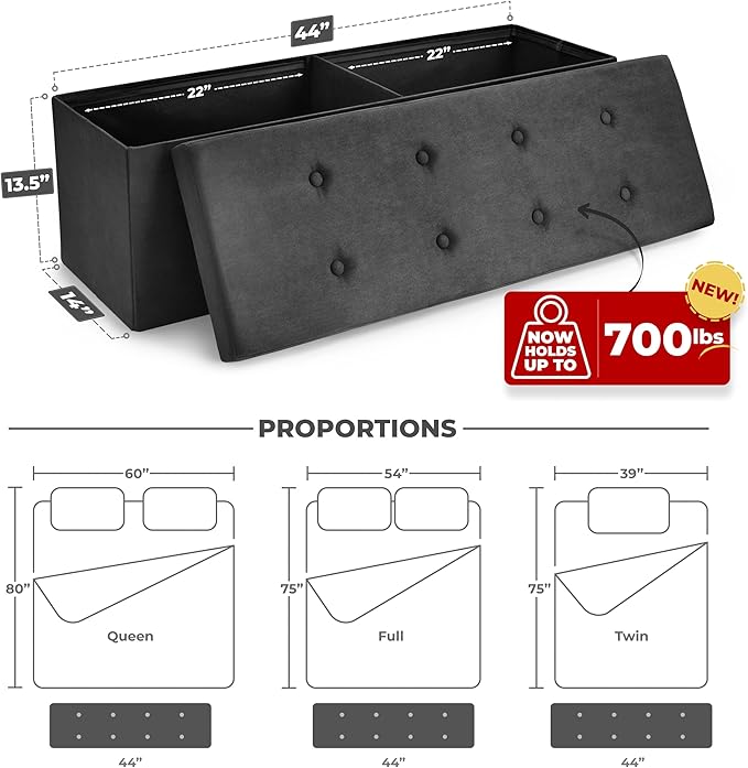 Sorbus Storage Ottoman Bench – for Living Room, Hallway, End of Bed, Bedroom Bench 43 in Large Folding Chest Seat Trunk w/Cover – Blankets, Coffee Table, Foot Rest– Tufted Velvet Linen Fabric (Black)