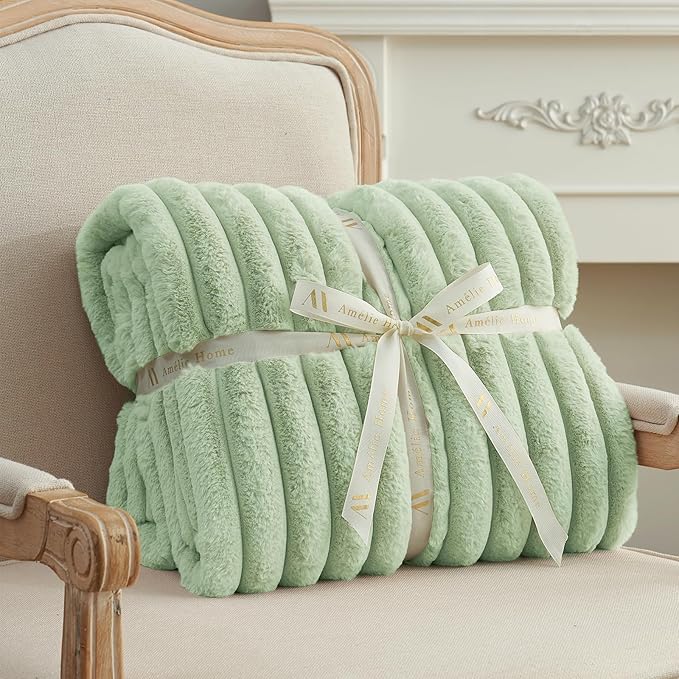 Amélie Home Faux Fur Throw Blanket for Couch, Cozy Fuzzy Fluffy Fur Luxurious Soft Striped Plush Gift Blankets for Family Sofa Chair Bed Living Room Bedroom, 55"x70", Sage Green