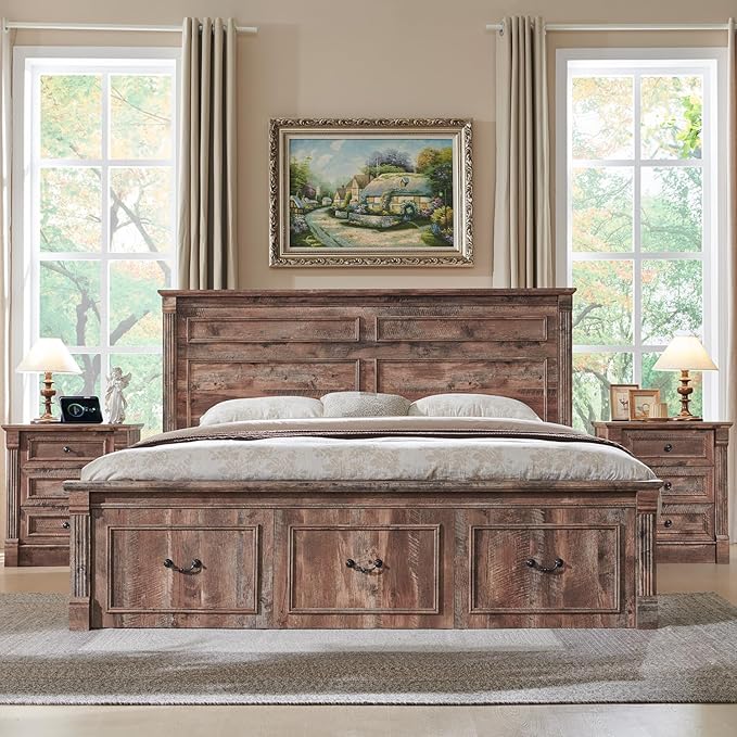 26" Tall Farmhouse Nightstand, 3 Drawers End Table w/Charging Station, 23.6" Wide Large Side Table w/Roman Column, Wood Rustic Sofa Table for Bedroom, Light Brown