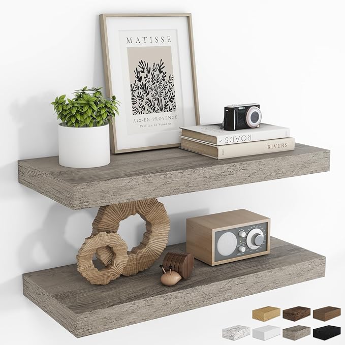 RICHFOCUS 24Inch Floating Shelves for Wall 2 Pack Shelves for Bedroom|Kitchen|Bathroom Wall Mounted Rustic Wood Floating Shelf with Invisible Brackets for Books|Storage|Decor, Grey