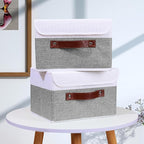 ANMINY 4PCS Storage Boxes with Lid Washable Decorative Storage Bins Basket with PU Leather Handle Foldable Linen Fabric Storage Cubes Containers for Home Closet Organizer - Gray White, Small Size