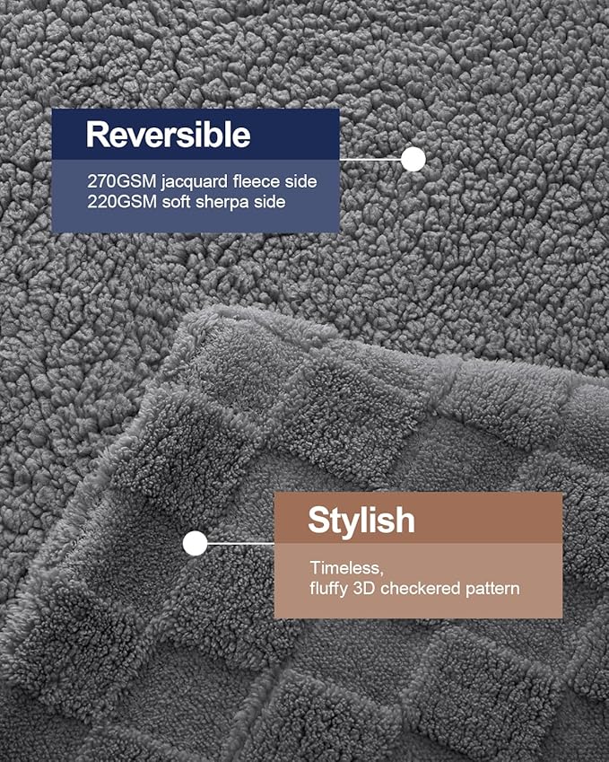 Pawque Super Soft Cozy Throw Blanket for Couch Sofa Bed - Fluffy Sherpa Fleece Reversible Thick Warm Fuzzy Blanket for All-Season, 3D Checkered Jacquard Elegant Decorative Blankets, Grey, 50" x 60"