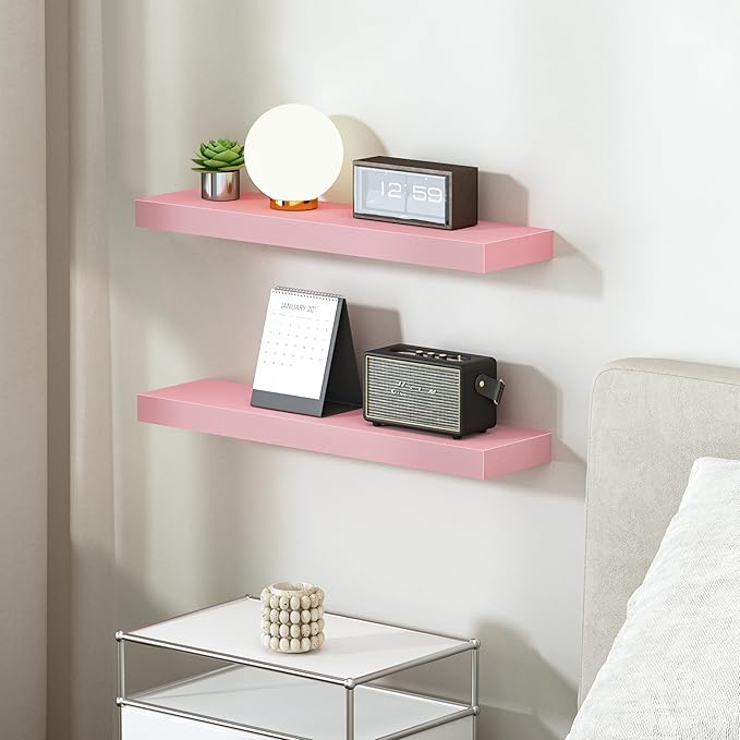 BAMEOS Pink Floating Shelves for Wall, 24" x 6" Wall Shelves for Room, Floating Book Shelves, Hanging Shelves for Bedroom, Bedroom, Living Room, Kitchen (Set of 2)