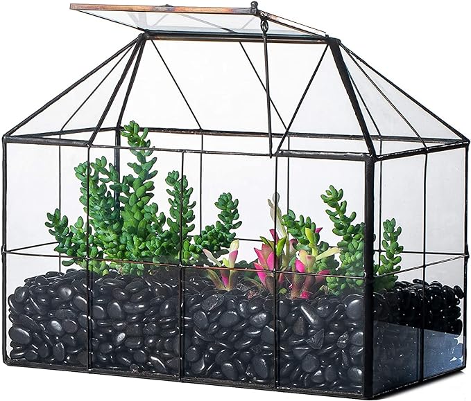 NCYP Glass Terrarium Planter with Lid for Small Succulent Cacti, Grid House Shape Black Geometric Terrarium Pot, Home Garden Indoor Tabletop Decor, 9.84" x 5.31" x 7.87" (No Plants)