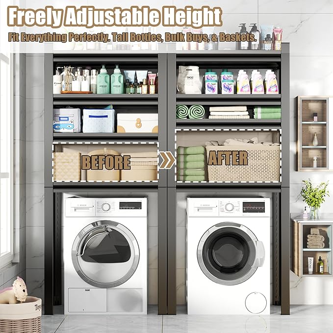 Upgraded Over The Toilet and Washer Storage Shelf,4 Tiers Laundry Room Standing Shelf,Bathroom Storage and Organizer Rack,Laundry Room Space Saver with Adjustable Shelves,39" W x 14" D x 63" H, Black