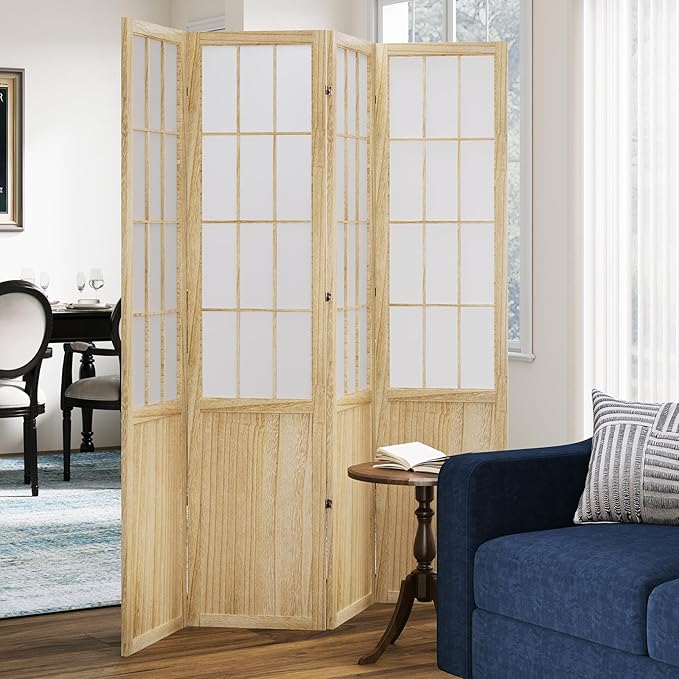 5.6FT Room Divider and Folding Portable Partition Screen, Chinese Japanese Shoji Style for Room Separation - 4 Panel (Natural)