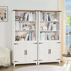 70in Tall Bookshelf 5 Tier Bookcase with Barn Doors and Storage Cabinet, White Farmhouse Book Shelf with Adjustable Shelves, Wood Freestanding Display Bookshelves for Bedroom, Kitchen (3PCS)