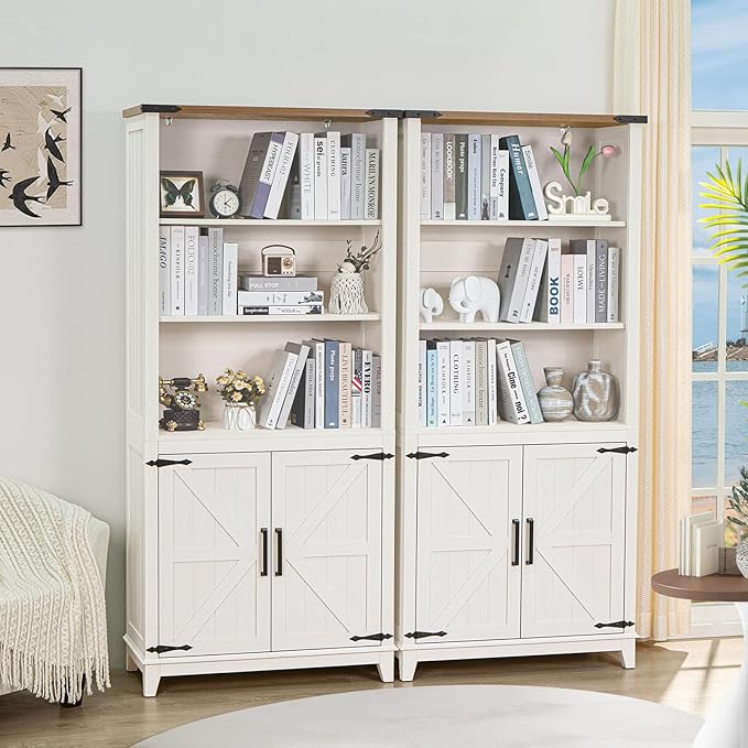 5 Tier Bookshelf 70in Tall Bookcase with Barn Doors and Storage Cabinet, White Farmhouse Book Shelf with Adjustable Shelves, Wood Freestanding Display Bookshelves for Bedroom, Living Room