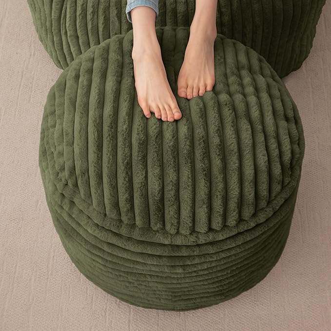 HIGOGOGO Round Stuffed Pouf Ottoman, Stripe Faux Fur Poufs with Foam Chunk Filling, Furry and Fluffy Pouf Foot Stool Storage Ottoman, 26 X 18 Floor Poufs Foot Rest for Living Room, Green