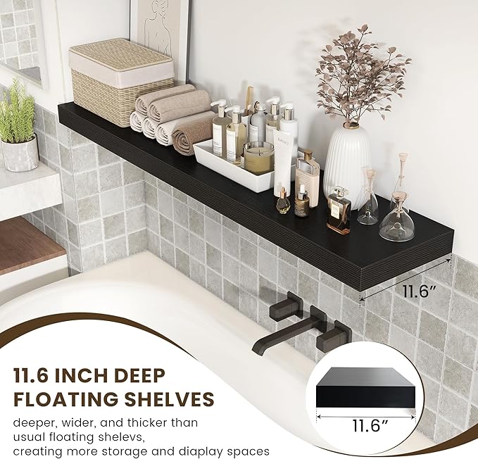 Black Floating Shelves for Wall - 55 Inch Wide x 12 Inch Deep Wall Shelves Set of 1 - Rustic Black Wood Shelves for Living Room, Bathroom, Laundry Room, Bedroom, Kitchen, Home Office