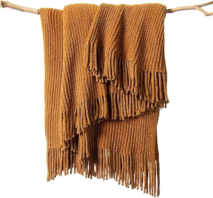 lifein Throw Blanket for Couch, Soft Boho Decor Bed Throw,Cozy Brown Knitted Chenille Small Farmhouse Lightweight Throw for Spring(Golden Brown,60 * 80")