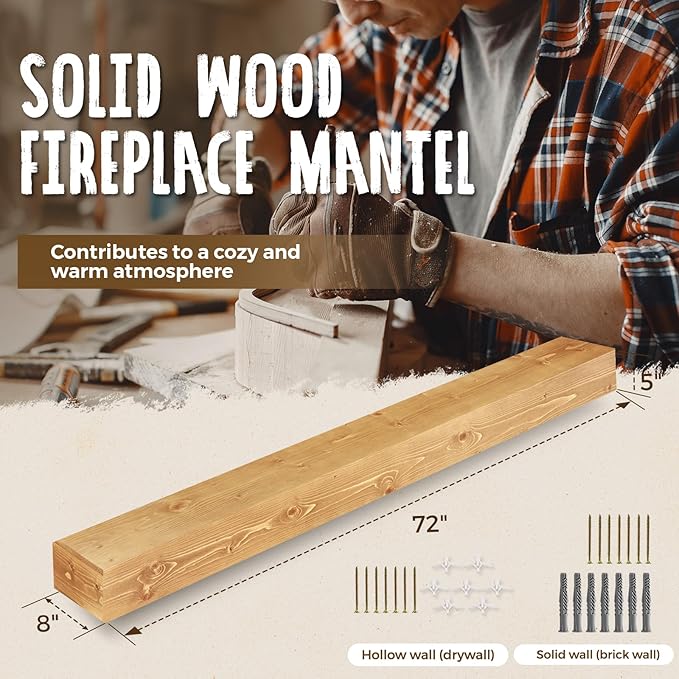 72x8x5 Fireplace Mantel - Handcrafted Rustic Solid Wood Wall Mounted Floating Shelf with Invisible Heavy Duty Wood Bracket (Natural)