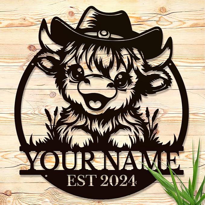 Personalized Highland Cow Name metal Signs,Custom Highland Cow Metal Shed Wall Decor,Black Metal Wall Art Plaques Outdoor wall Decorative Signage (Style A)