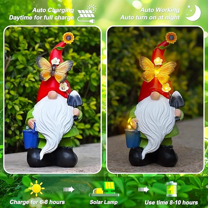 Gnomes Garden Statues Decor, Solar Waterproof Large Gnome with LED Lights Funny Garden Sculptures Outdoor Patio Yard Decorations Lawn Ornaments Gifts for Women Mom
