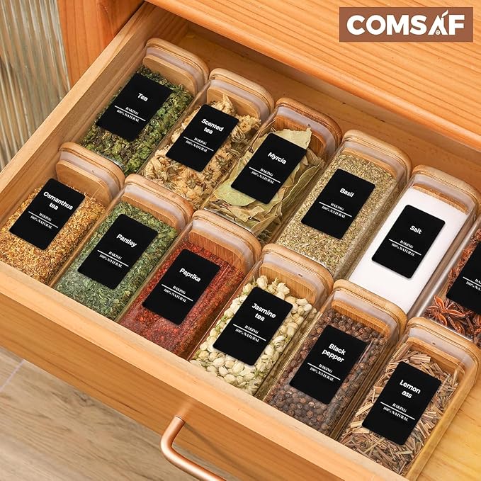 ComSaf 6Pcs 10 oz Large Spice Jars with Label Trial Set, Glass Spice Jars with Bamboo Lids Supplementary Set, Seasoning Container Trial Pack, Perfect for Ktichen Starter