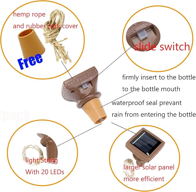 YJFWAL Upgraded 12 Pack Solar Wine Bottle Lights, 20 LEDs Waterproof Copper Light, Bottle Light Fairy Cork String Lights for Yard Patio Decor, DIY Birthday Gift for Mom Grandma Girlfriend(Multicolor)
