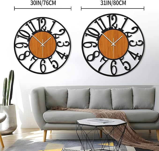 LEIKE 32" Oversized Large Wall Clocks,Silent,Non Ticking,Battery Operated Modern Round Big Wood Decorative Metal Wall Clock for Living Room, Bedroom,Kitchen,Farmhouse,Office Decor - Black,32 Inch