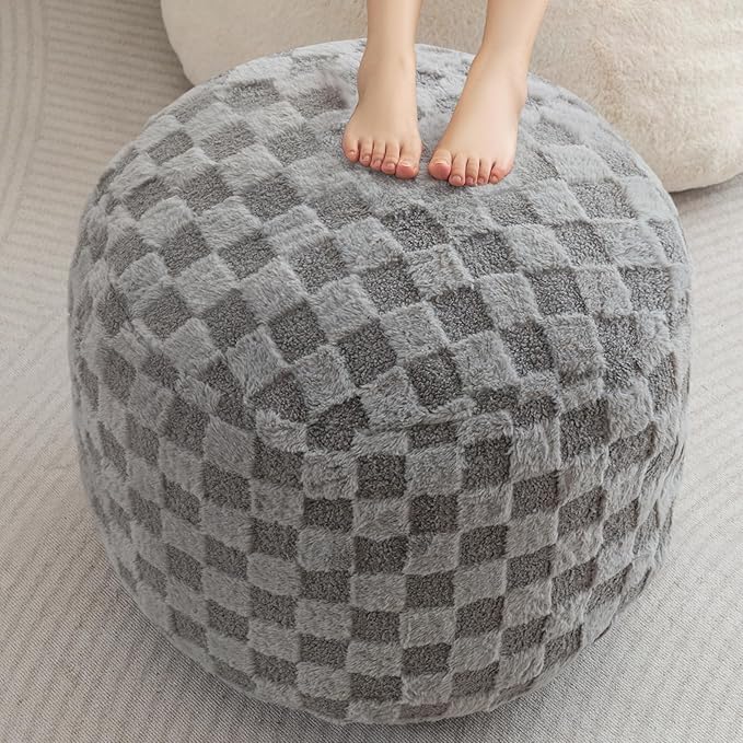 HIGOGOGO Round Stuffed Pouf Ottoman, Plaid Poufs with Foam Chunk Filling, Fluffy and Furry Pouf Foot Stool Storage Ottoman, 26 X 18 Floor Poufs Foot Rest for Living Room, Grey