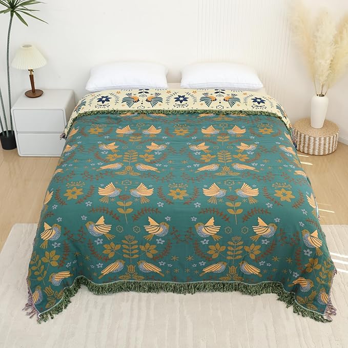 Boho Throw Blanket for Bed, 100% Pure Cotton Ultra Soft Rustic Quilt, Farmhouse Decor Bed Blankets, All Season Rustic Throw for Sofa Couch Chair(91''x 98'', Bird A)